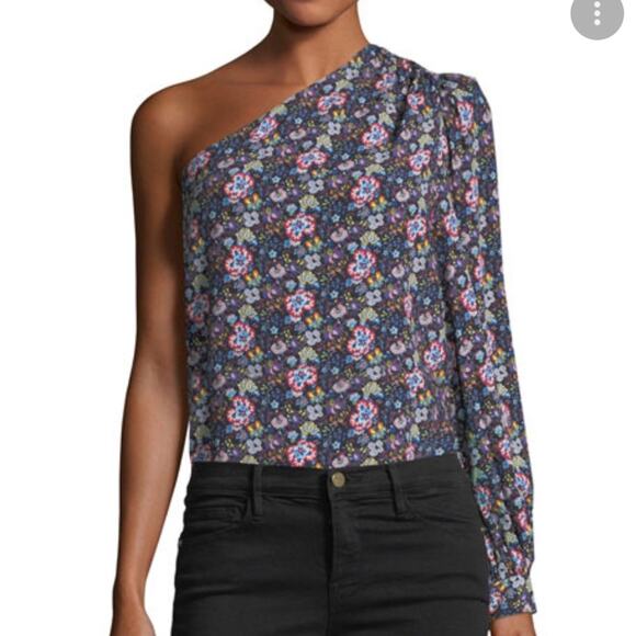 Frame Blouse Top Women XS One Shoulder Floral Print Long Sleeve Feminine Zip - Picture 1 of 15